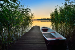Steg mit Ruderboot im Schilf, Morgenlicht, Großer Müllroser See, Müllrose, Naturpark Schlaubetal, Brandenburg, Deutschland Steg mit Ruderboot im Schilf, Morgenlicht, Großer Müllroser See, Müllrose, Naturpark Schlaubetal, Brandenburg, Deutschland